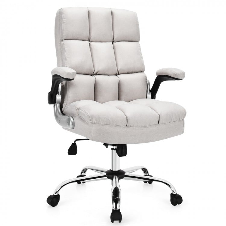 Adjustable Swivel Office Chair with High Back and Flip-up Arm for Home and Office-Beige