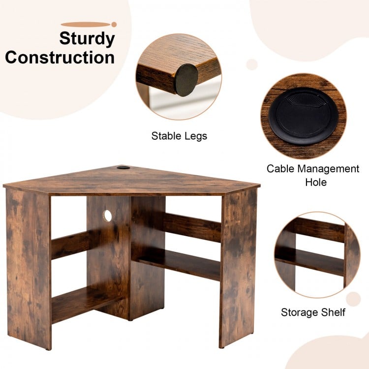 Corner Computer Desk Triangle Writing Workstation with Storage Shelf-Rustic Brown